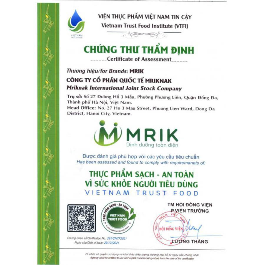 CHỨNG THƯ THẨM ĐỊNH THỰC PHẨM SẠCH
